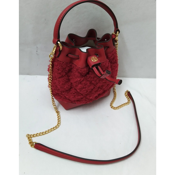 Tory Burch Willa Boucle Red Tweed Mini Drawstring Bucket Crossbody Bag - Picture 6 of 16